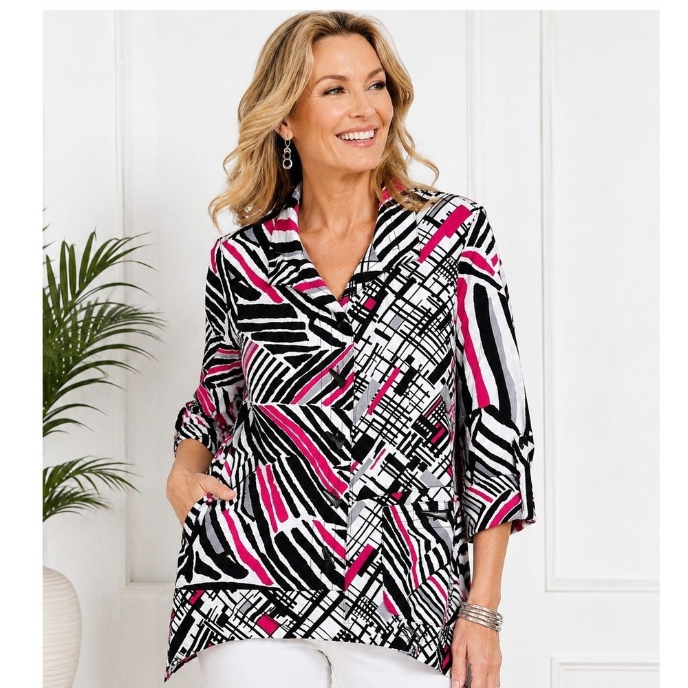 Ali Miles Abstract Zebra Print Jacket Top Pink Black White Size S